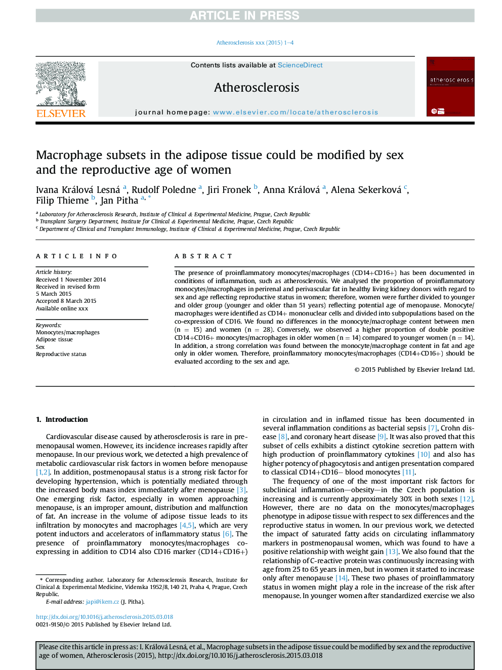 Macrophage subsets in the adipose tissue could be modified by sex and the reproductive age of women