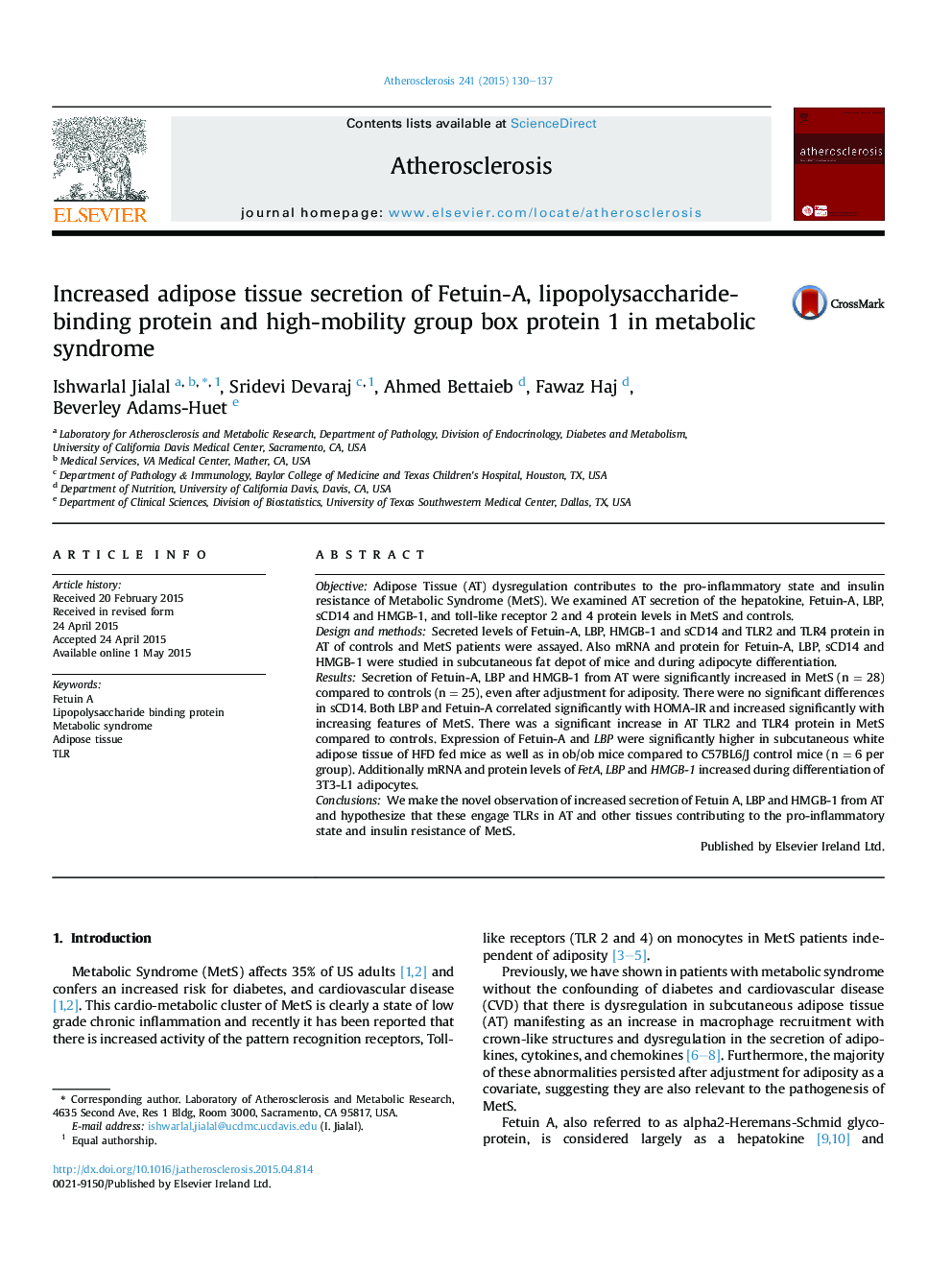 Increased adipose tissue secretion of Fetuin-A, lipopolysaccharide-binding protein and high-mobility group box protein 1 in metabolic syndrome