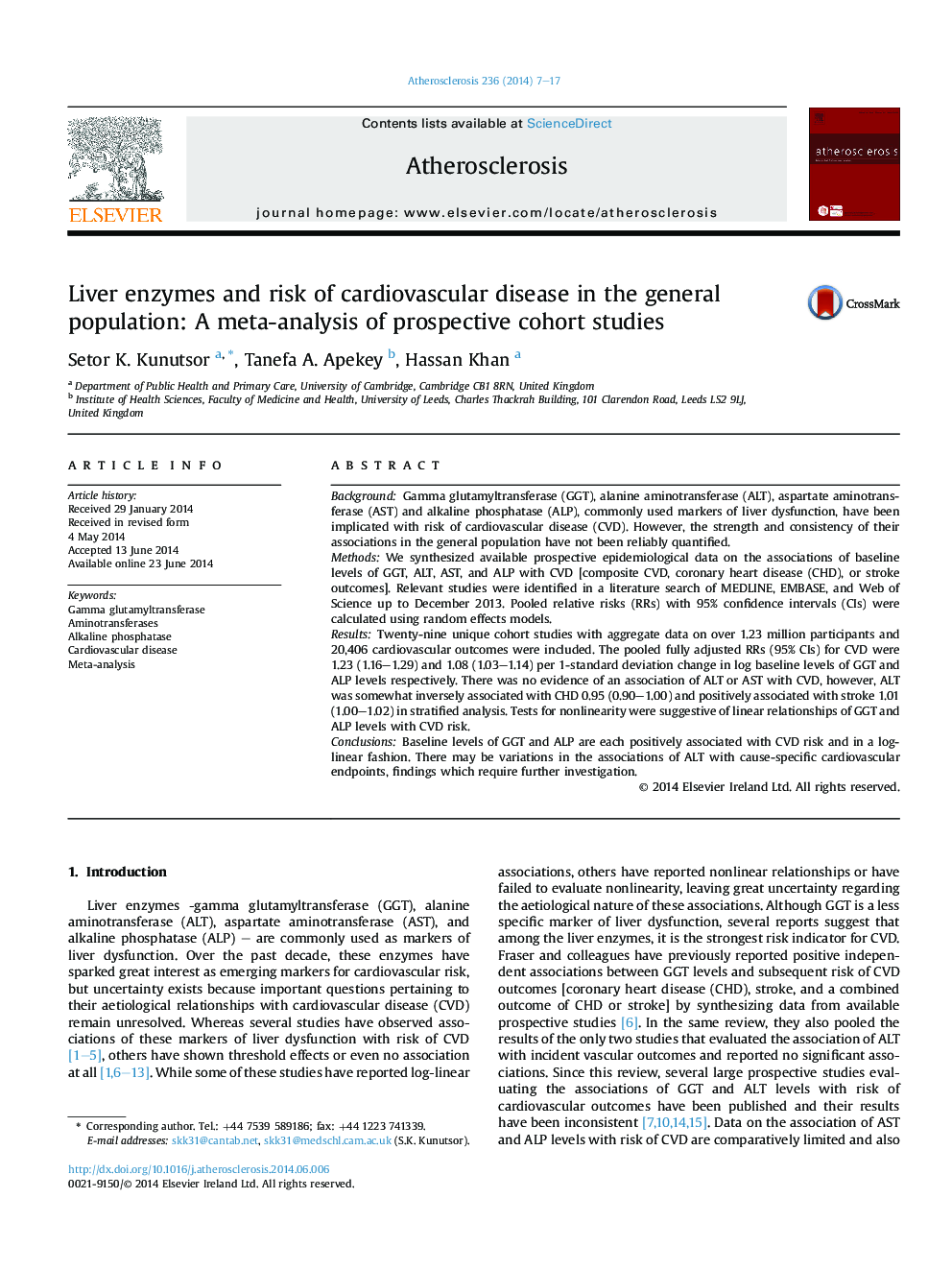 Liver enzymes and risk of cardiovascular disease in the general population: A meta-analysis of prospective cohort studies