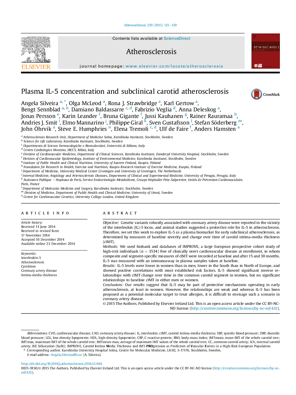 Plasma IL-5 concentration and subclinical carotid atherosclerosis