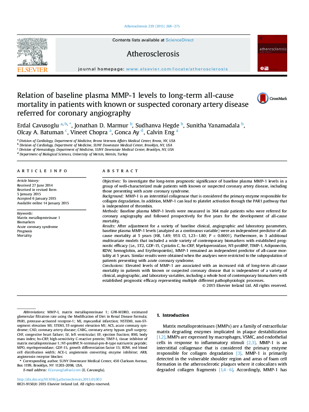 Relation of baseline plasma MMP-1 levels to long-term all-cause mortality in patients with known or suspected coronary artery disease referred for coronary angiography