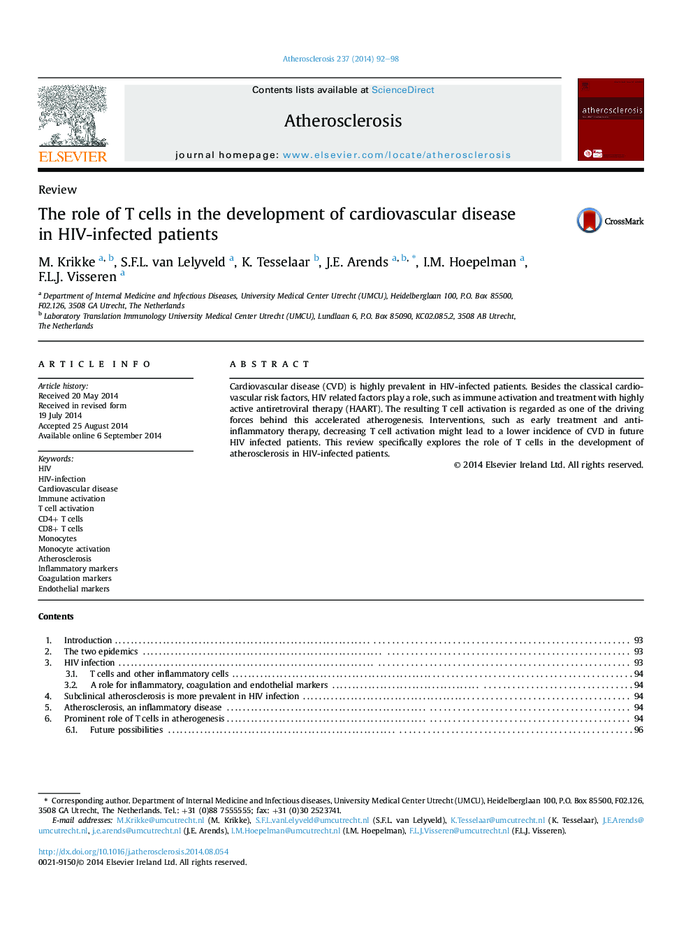 ReviewThe role of T cells in the development of cardiovascular disease in HIV-infected patients