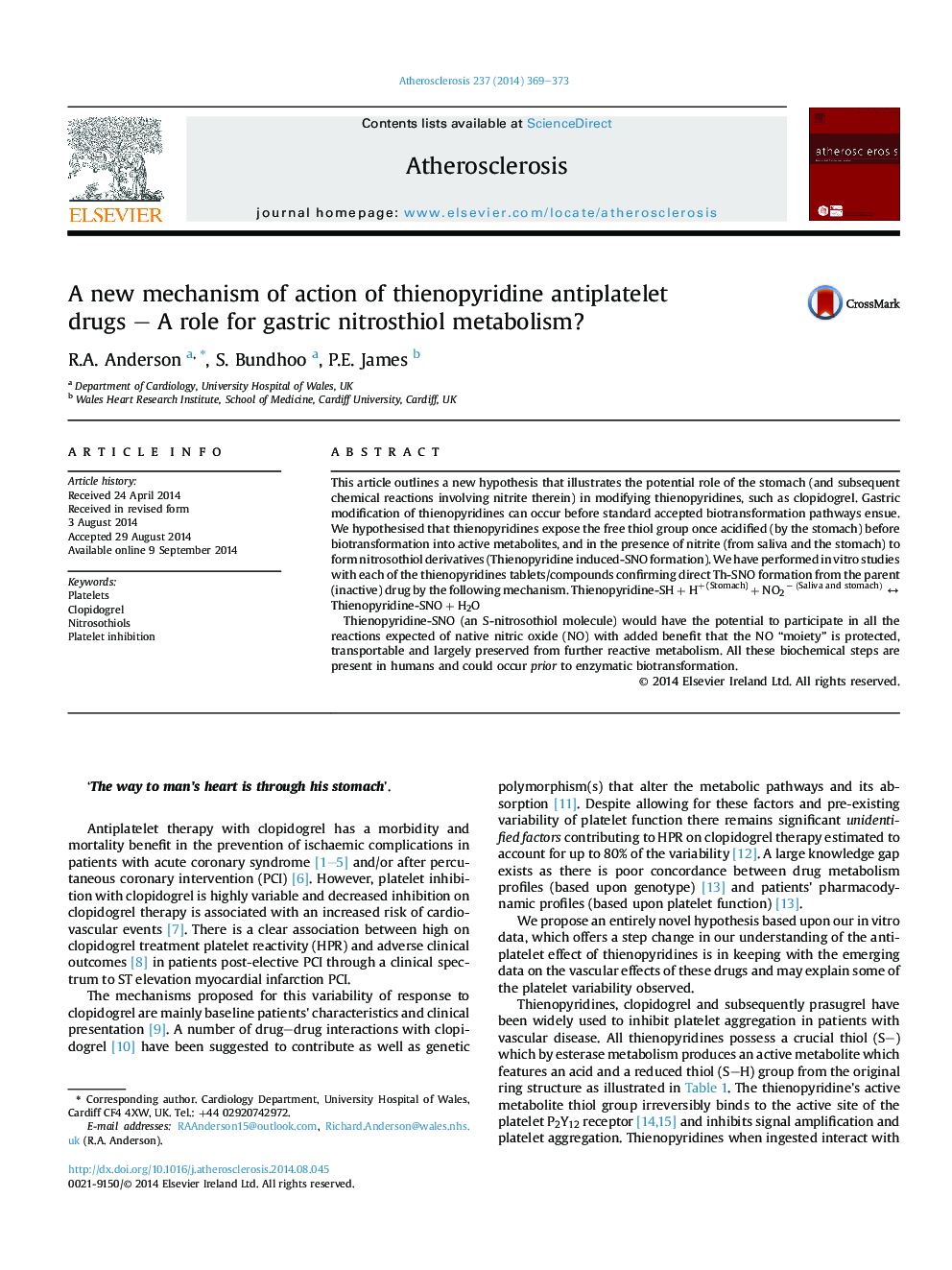 A new mechanism of action of thienopyridine antiplatelet drugs - A role for gastric nitrosthiol metabolism?