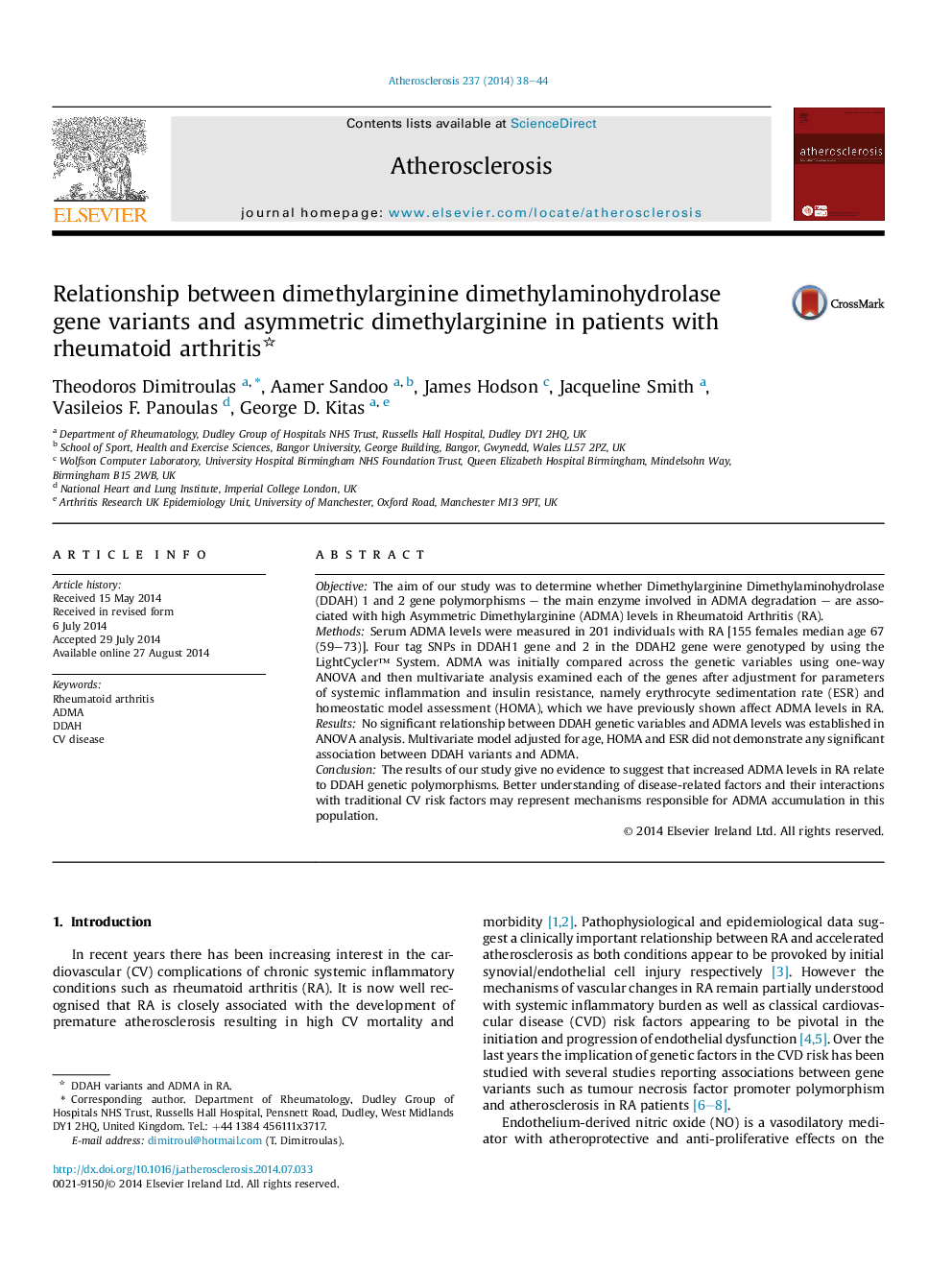 Relationship between dimethylarginine dimethylaminohydrolase gene variants and asymmetric dimethylarginine in patients with rheumatoid arthritis