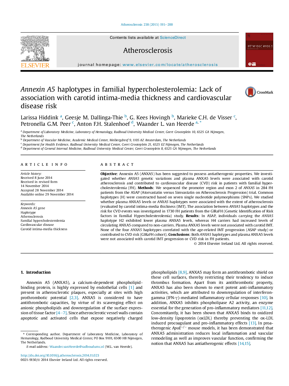 Annexin A5 haplotypes in familial hypercholesterolemia: Lack of association with carotid intima-media thickness and cardiovascular disease risk