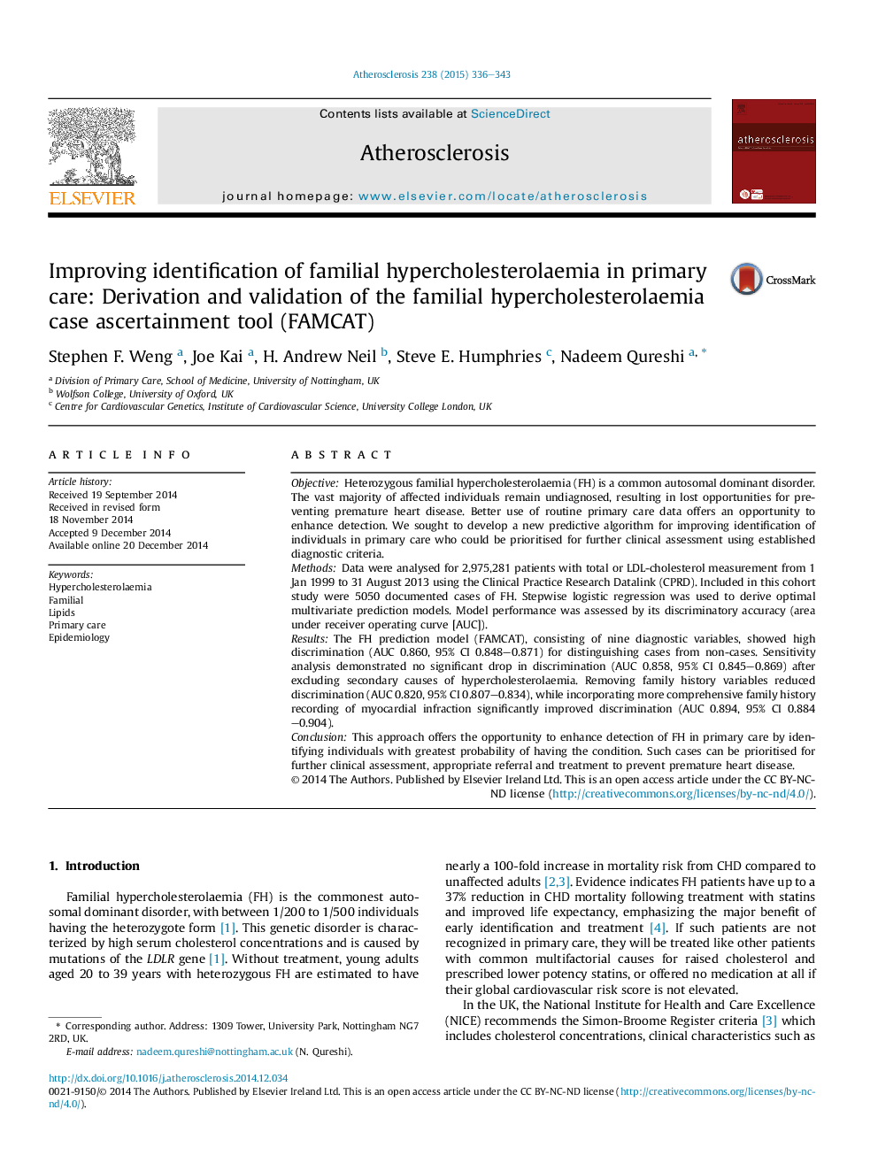 Improving identification of familial hypercholesterolaemia in primary care: Derivation and validation of the familial hypercholesterolaemia case ascertainment tool (FAMCAT)