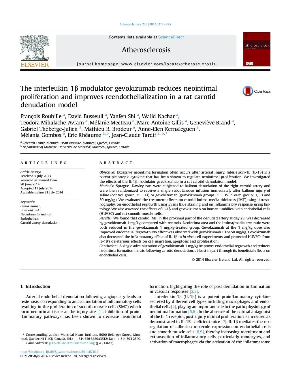 The interleukin-1Î² modulator gevokizumab reduces neointimal proliferation and improves reendothelialization in a rat carotid denudation model