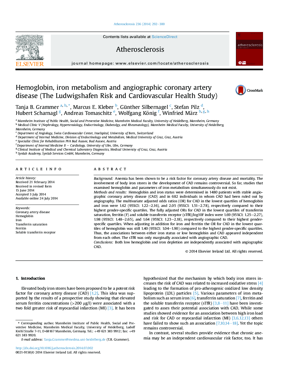 Hemoglobin, iron metabolism and angiographic coronary artery disease (The Ludwigshafen Risk and Cardiovascular Health Study)