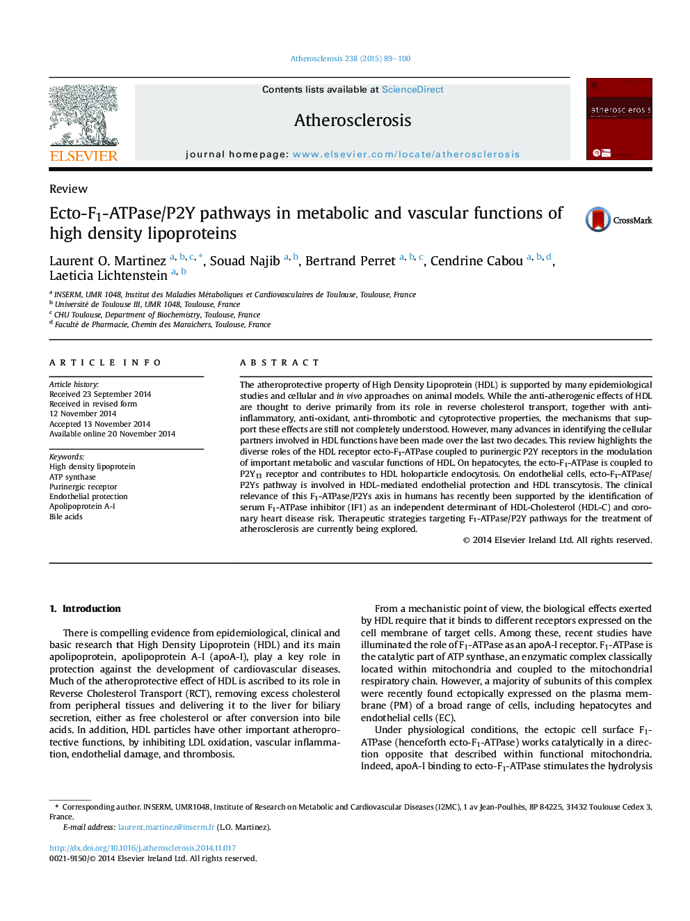 Ecto-F1-ATPase/P2Y pathways in metabolic and vascular functions of high density lipoproteins