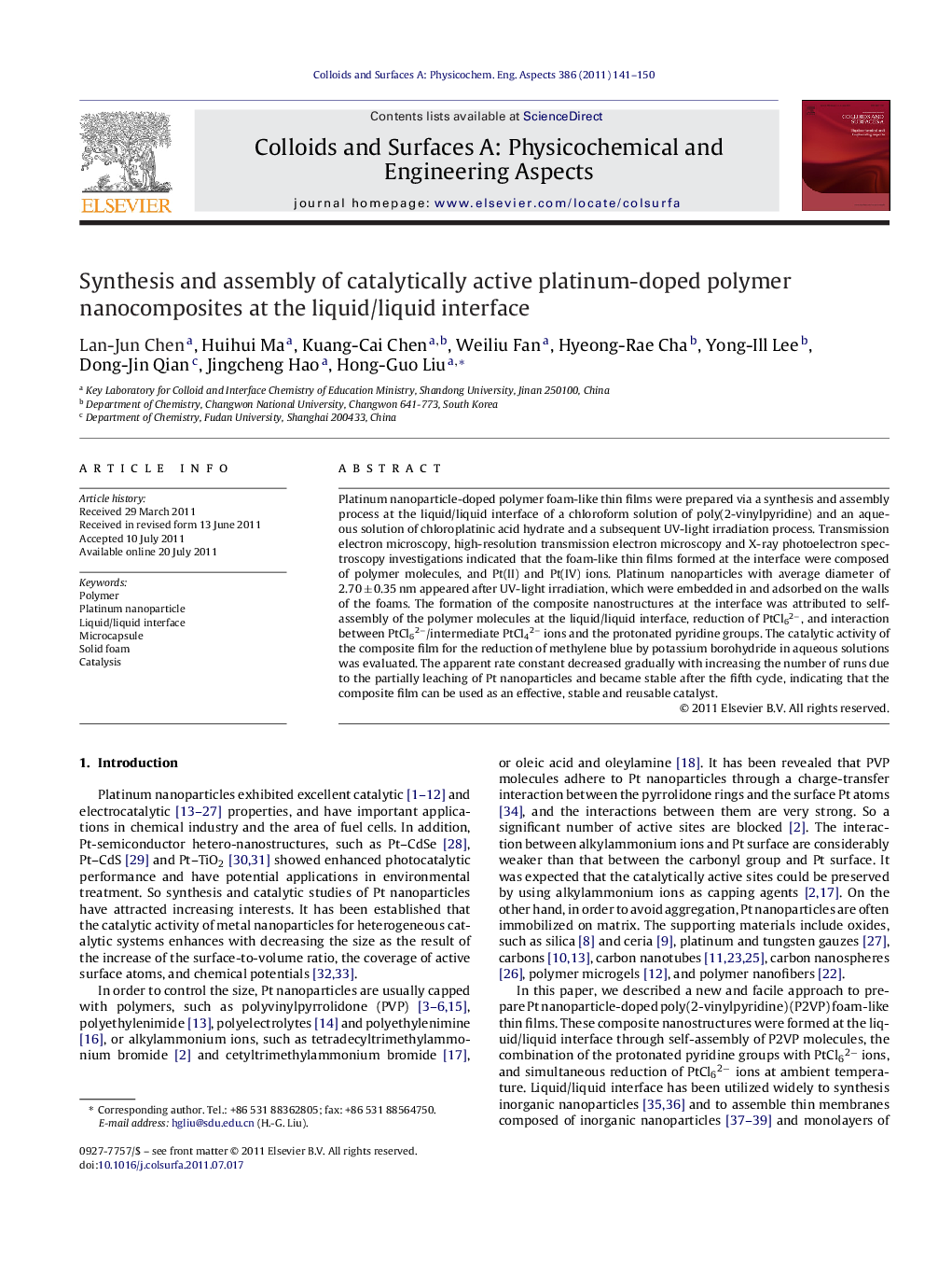 Synthesis and assembly of catalytically active platinum-doped polymer nanocomposites at the liquid/liquid interface