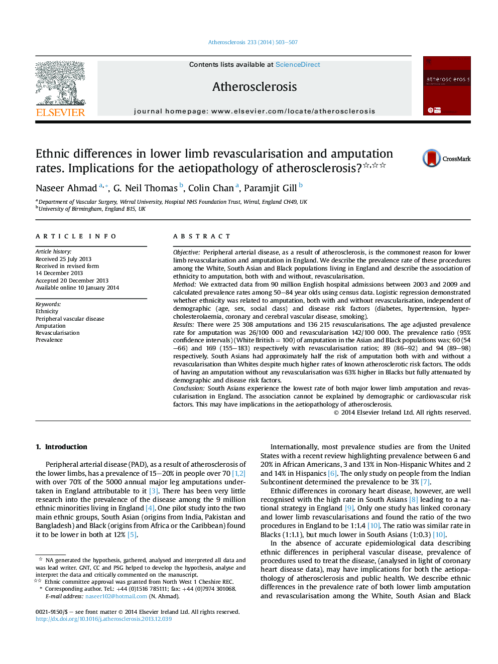 Ethnic differences in lower limb revascularisation and amputation rates. Implications for the aetiopathology of atherosclerosis?