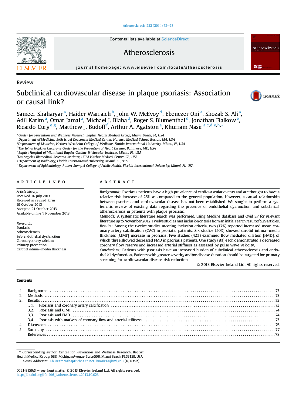 Subclinical cardiovascular disease in plaque psoriasis: Association or causal link?