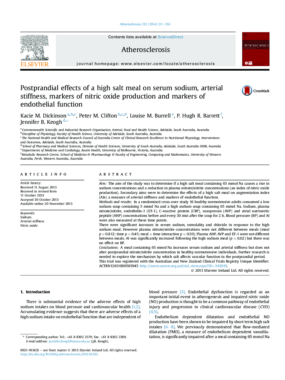 Postprandial effects of a high salt meal on serum sodium, arterial stiffness, markers of nitric oxide production and markers of endothelial function