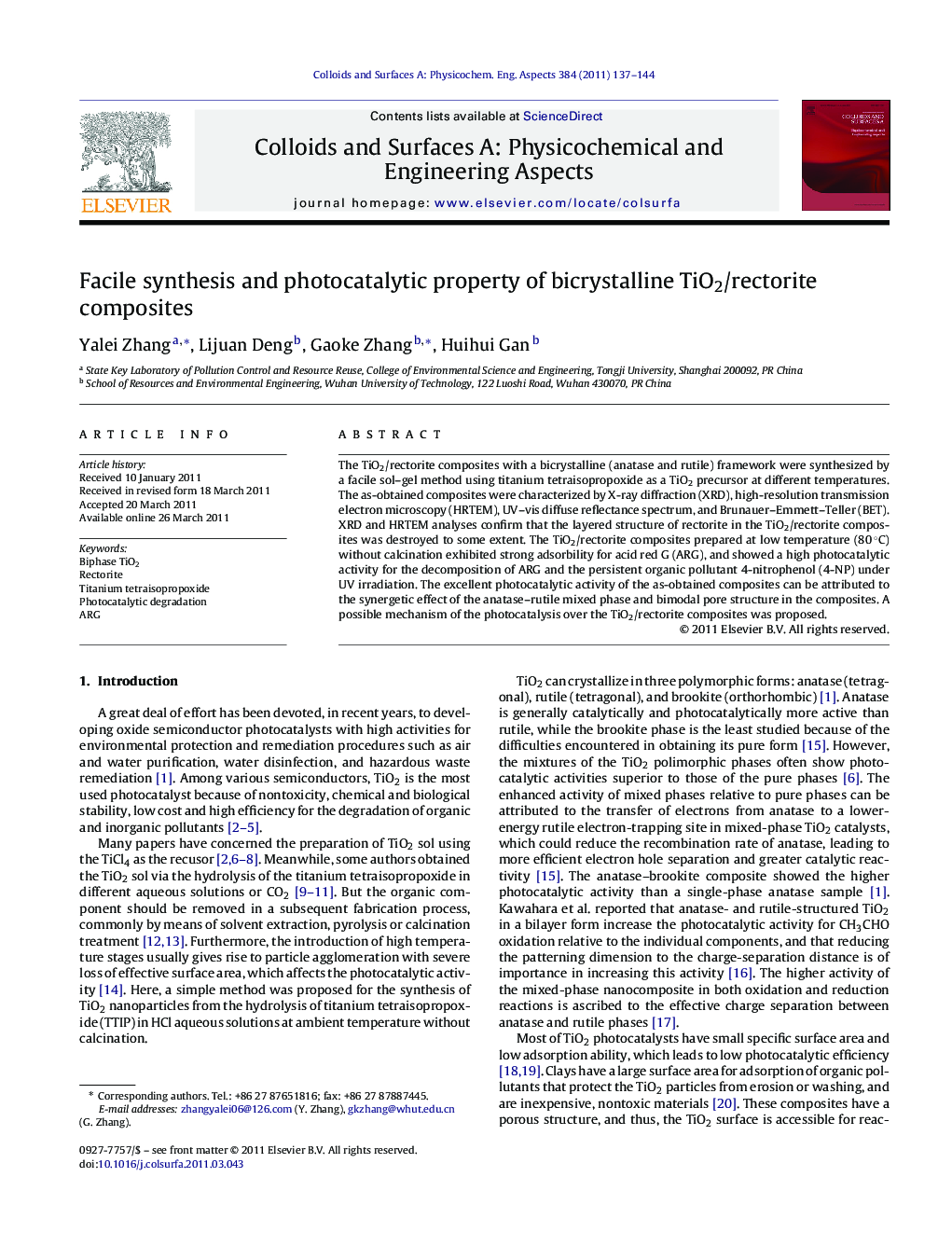 Facile synthesis and photocatalytic property of bicrystalline TiO2/rectorite composites