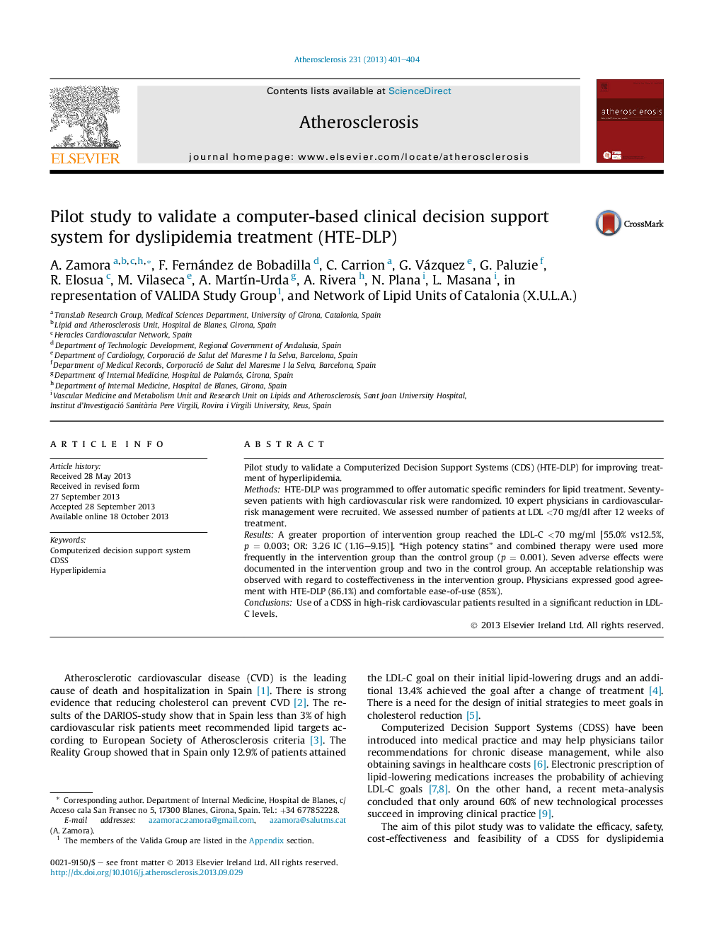 Pilot study to validate a computer-based clinical decision support system for dyslipidemia treatment (HTE-DLP)