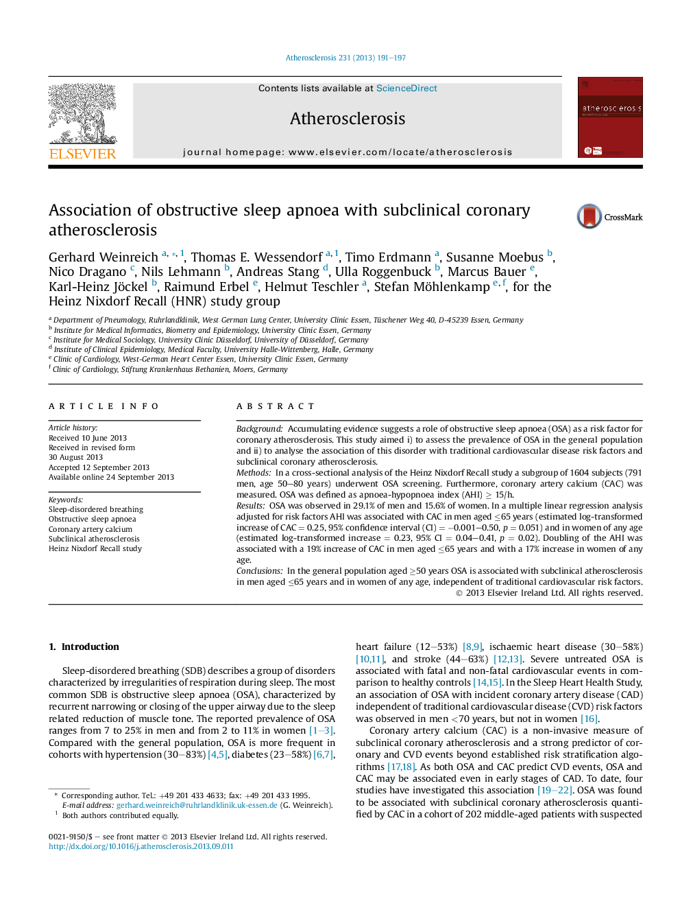 Association of obstructive sleep apnoea with subclinical coronary atherosclerosis