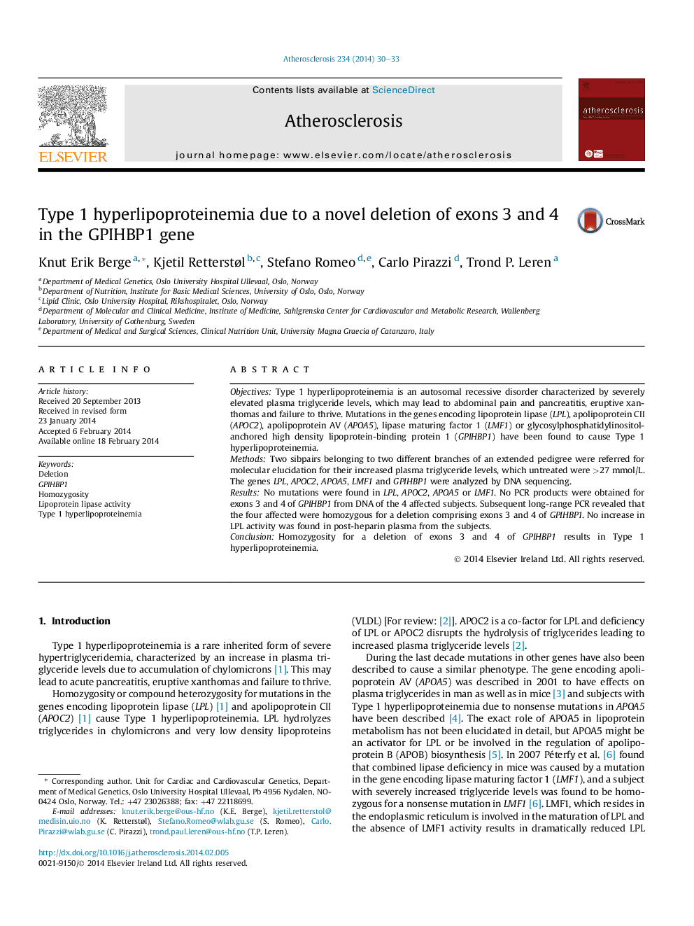 Type 1 hyperlipoproteinemia due to a novel deletion of exons 3 and 4 in the GPIHBP1 gene