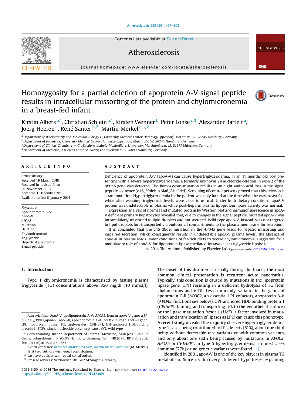 Homozygosity for a partial deletion of apoprotein A-V signal peptide results in intracellular missorting of the protein and chylomicronemia in a breast-fed infant