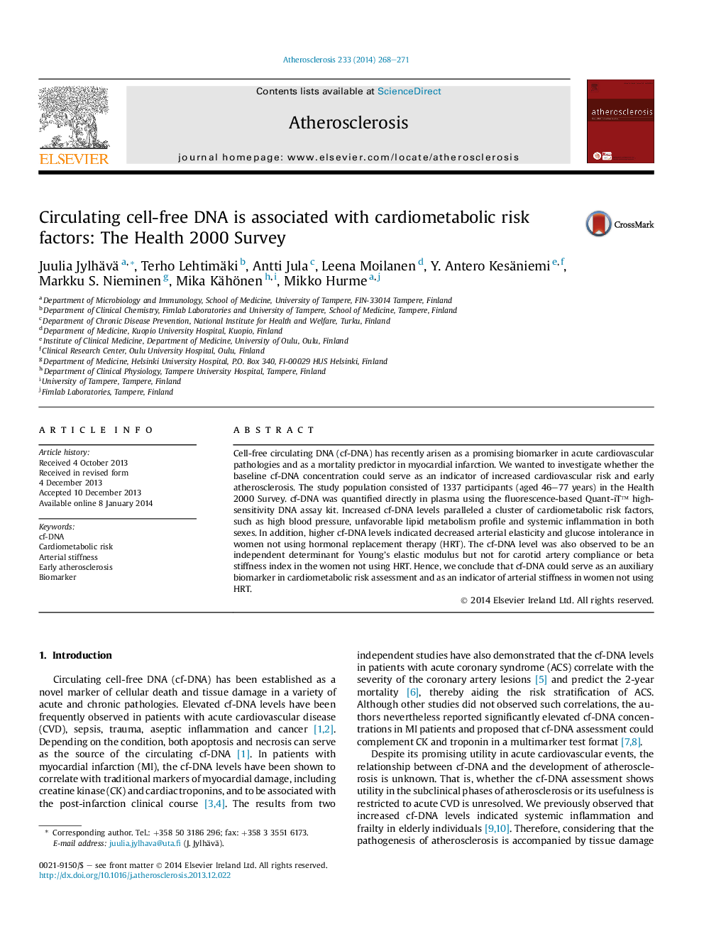 Circulating cell-free DNA is associated with cardiometabolic risk factors: The Health 2000 Survey