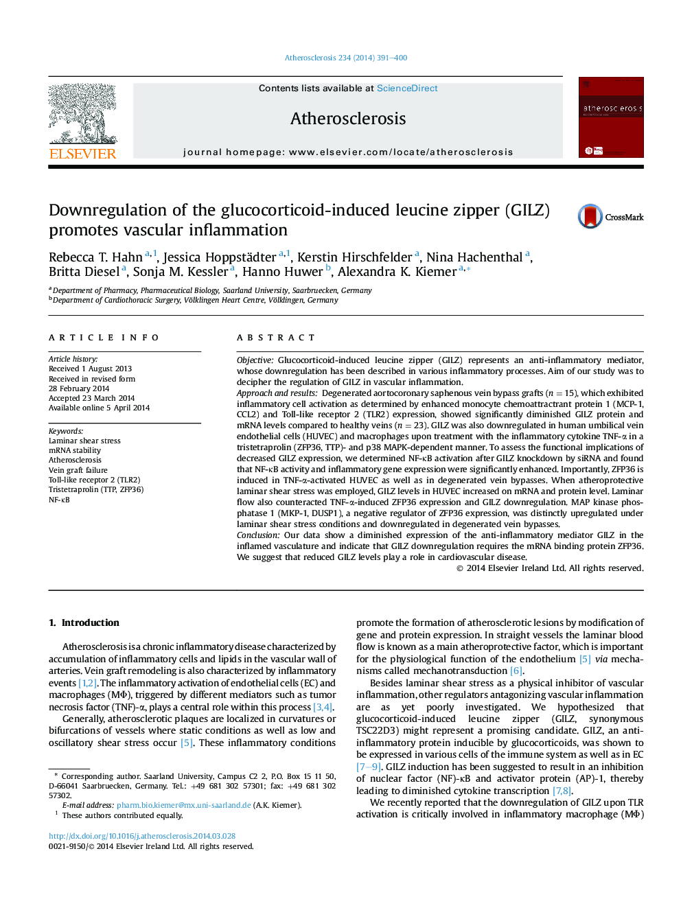 Downregulation of the glucocorticoid-induced leucine zipper (GILZ) promotes vascular inflammation