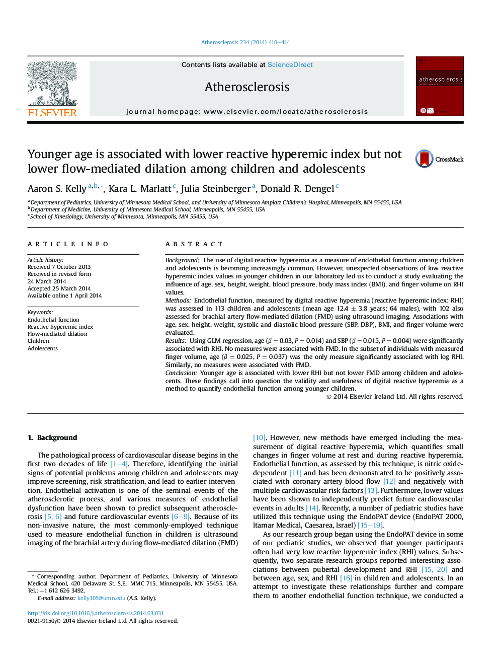 Younger age is associated with lower reactive hyperemic index but not lower flow-mediated dilation among children and adolescents