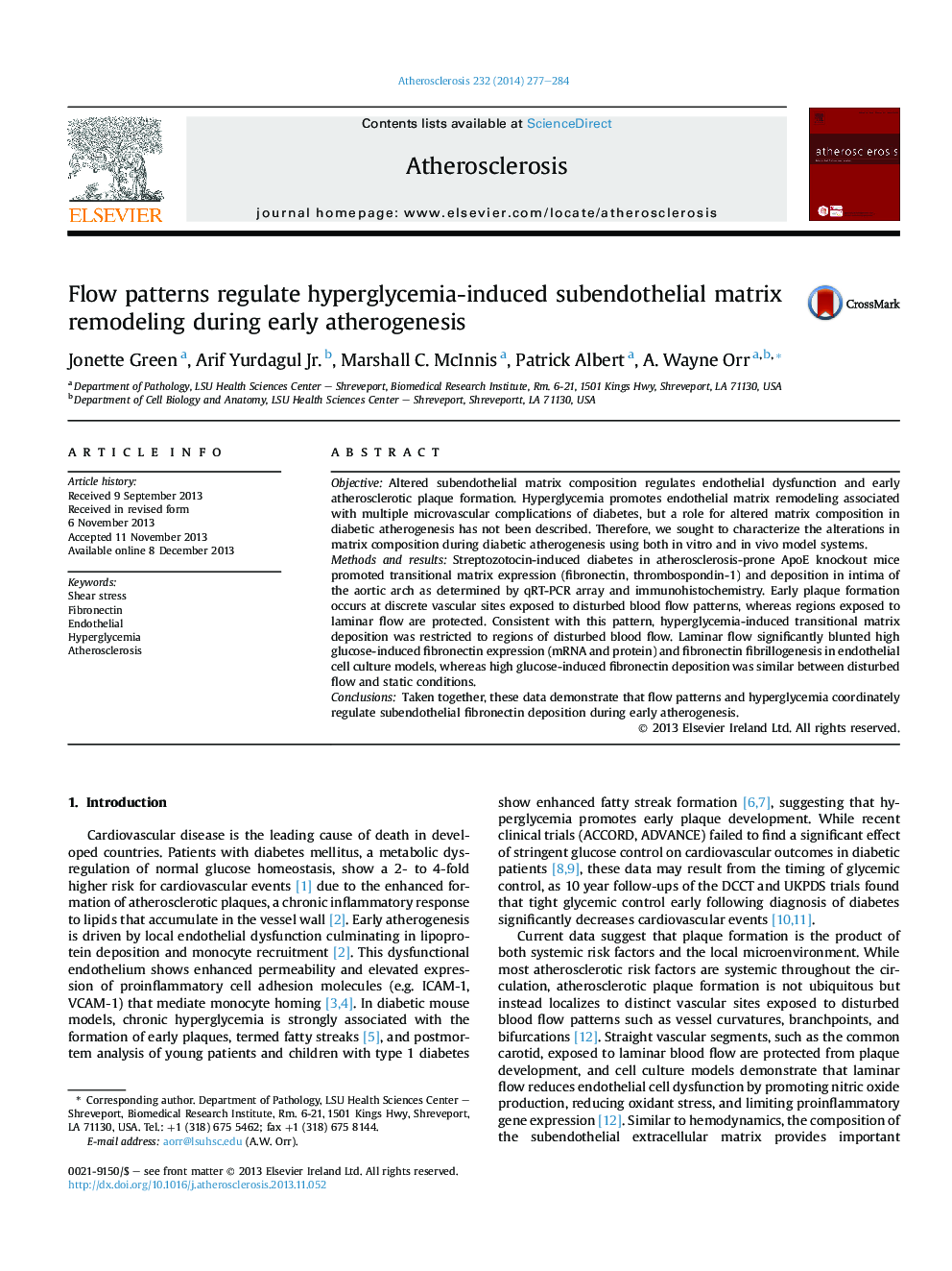 Flow patterns regulate hyperglycemia-induced subendothelial matrix remodeling during early atherogenesis