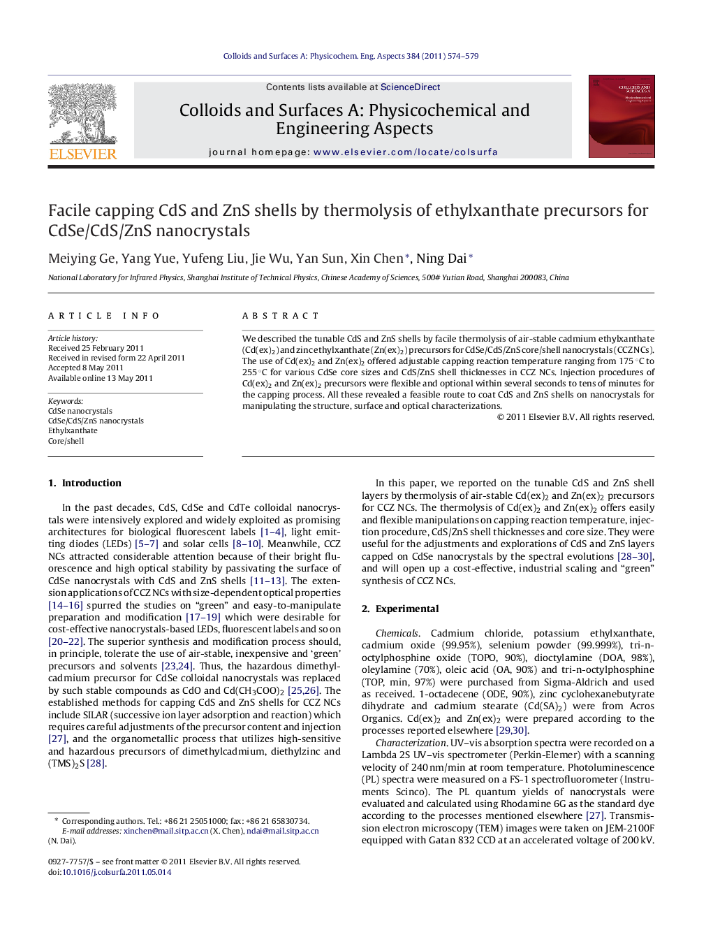 Facile capping CdS and ZnS shells by thermolysis of ethylxanthate precursors for CdSe/CdS/ZnS nanocrystals