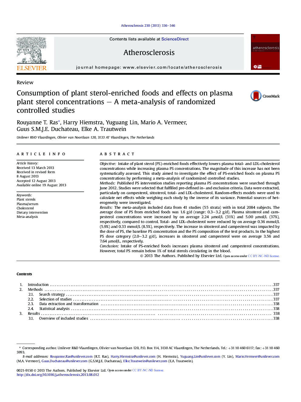 Consumption of plant sterol-enriched foods and effects on plasma plant sterol concentrations - A meta-analysis of randomized controlled studies