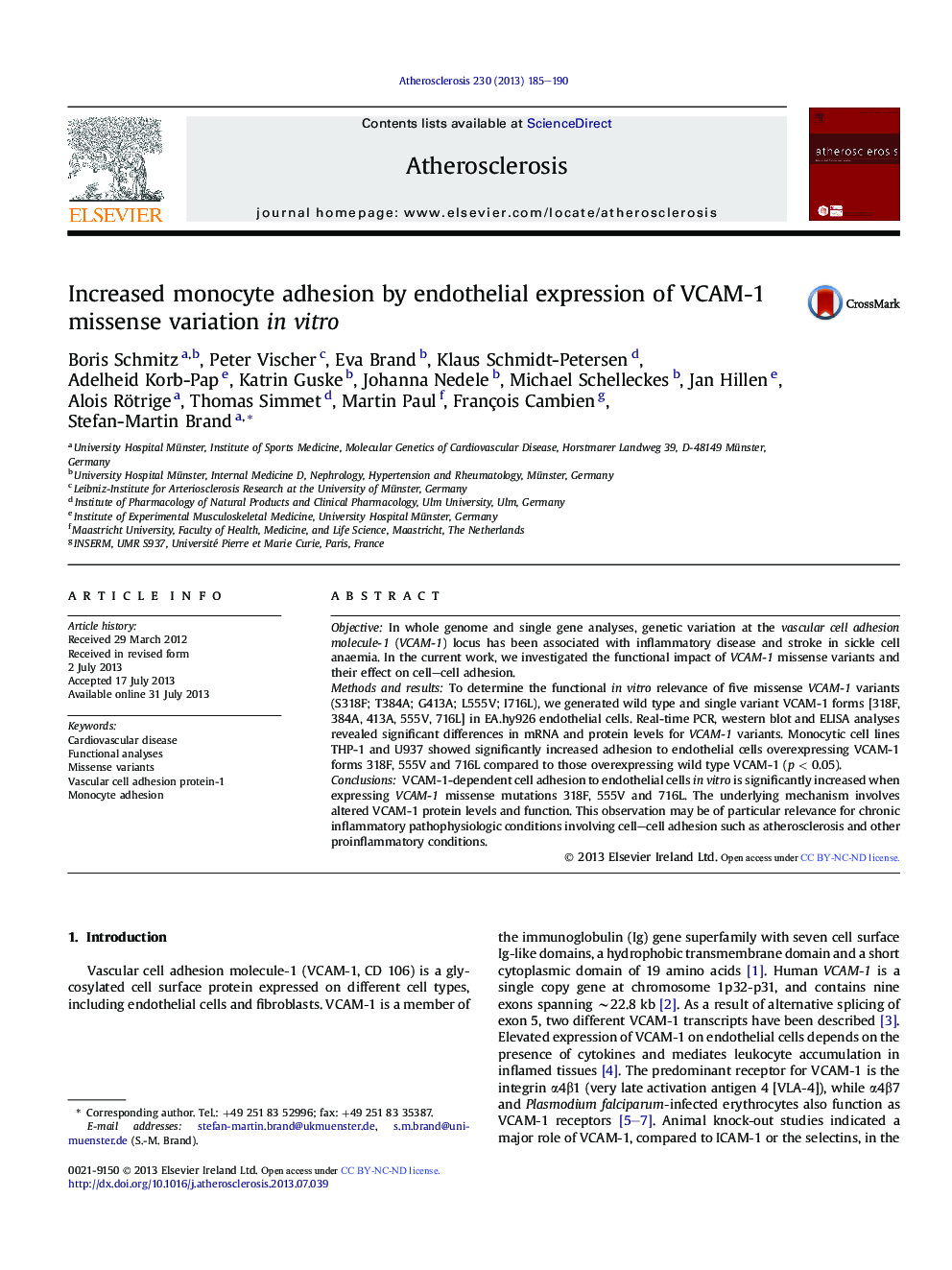 Increased monocyte adhesion by endothelial expression of VCAM-1 missense variation inÂ vitro