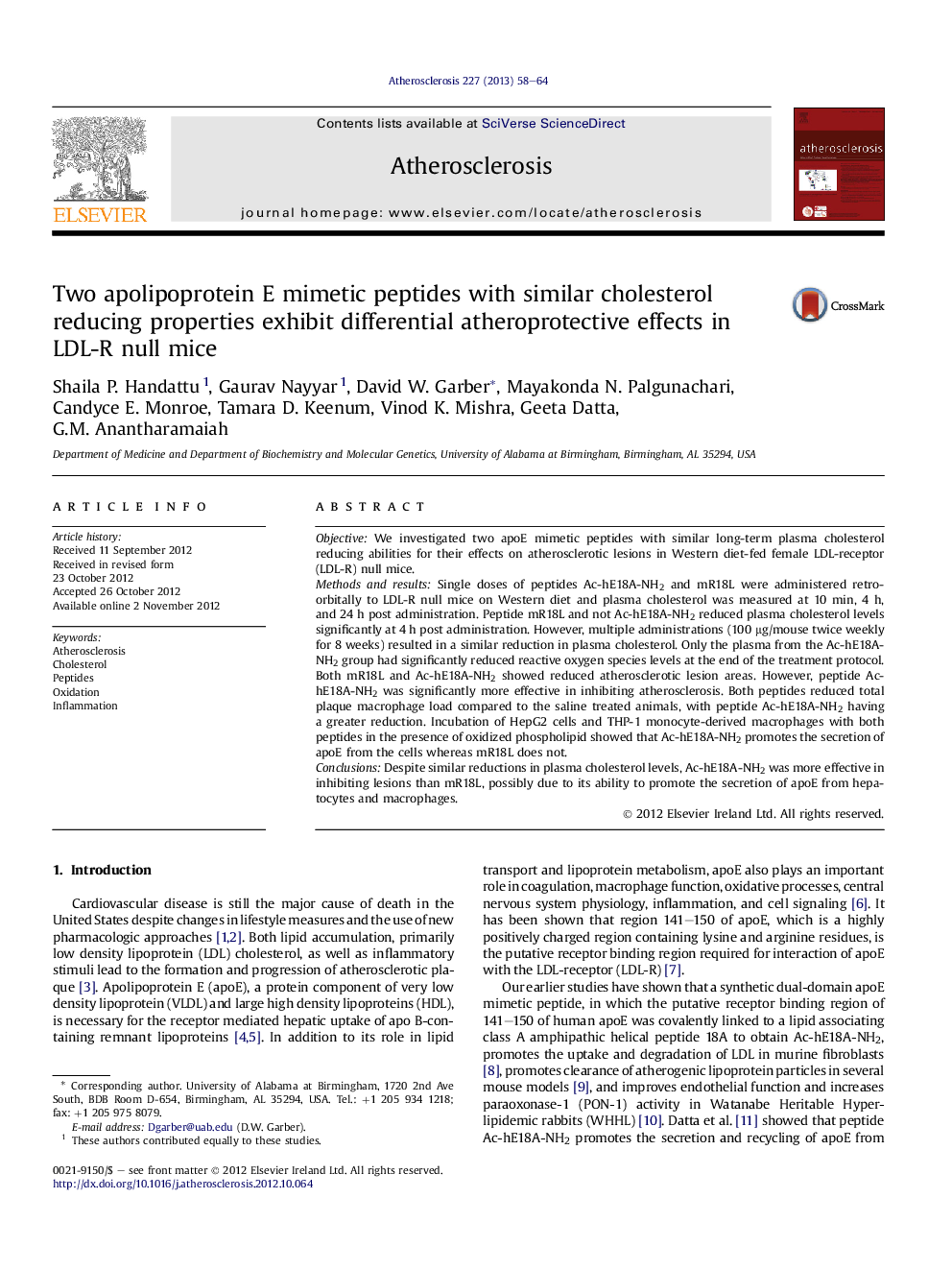 Two apolipoprotein E mimetic peptides with similar cholesterol reducing properties exhibit differential atheroprotective effects in LDL-R null mice