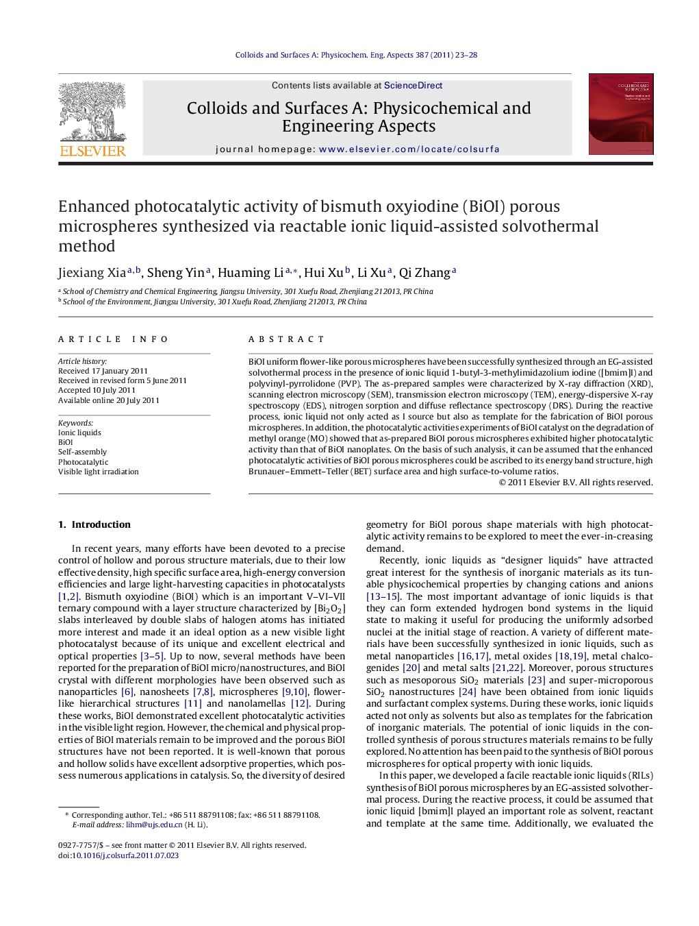 Enhanced photocatalytic activity of bismuth oxyiodine (BiOI) porous microspheres synthesized via reactable ionic liquid-assisted solvothermal method