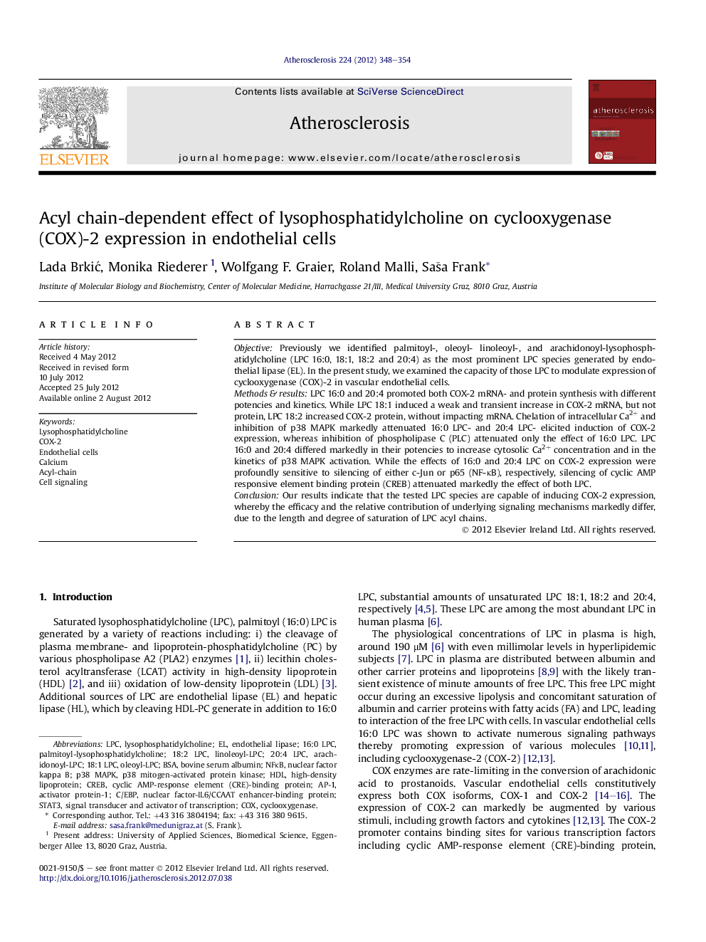 Acyl chain-dependent effect of lysophosphatidylcholine on cyclooxygenase (COX)-2 expression in endothelial cells