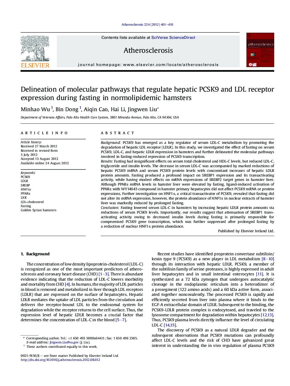 Delineation of molecular pathways that regulate hepatic PCSK9 and LDL receptor expression during fasting in normolipidemic hamsters