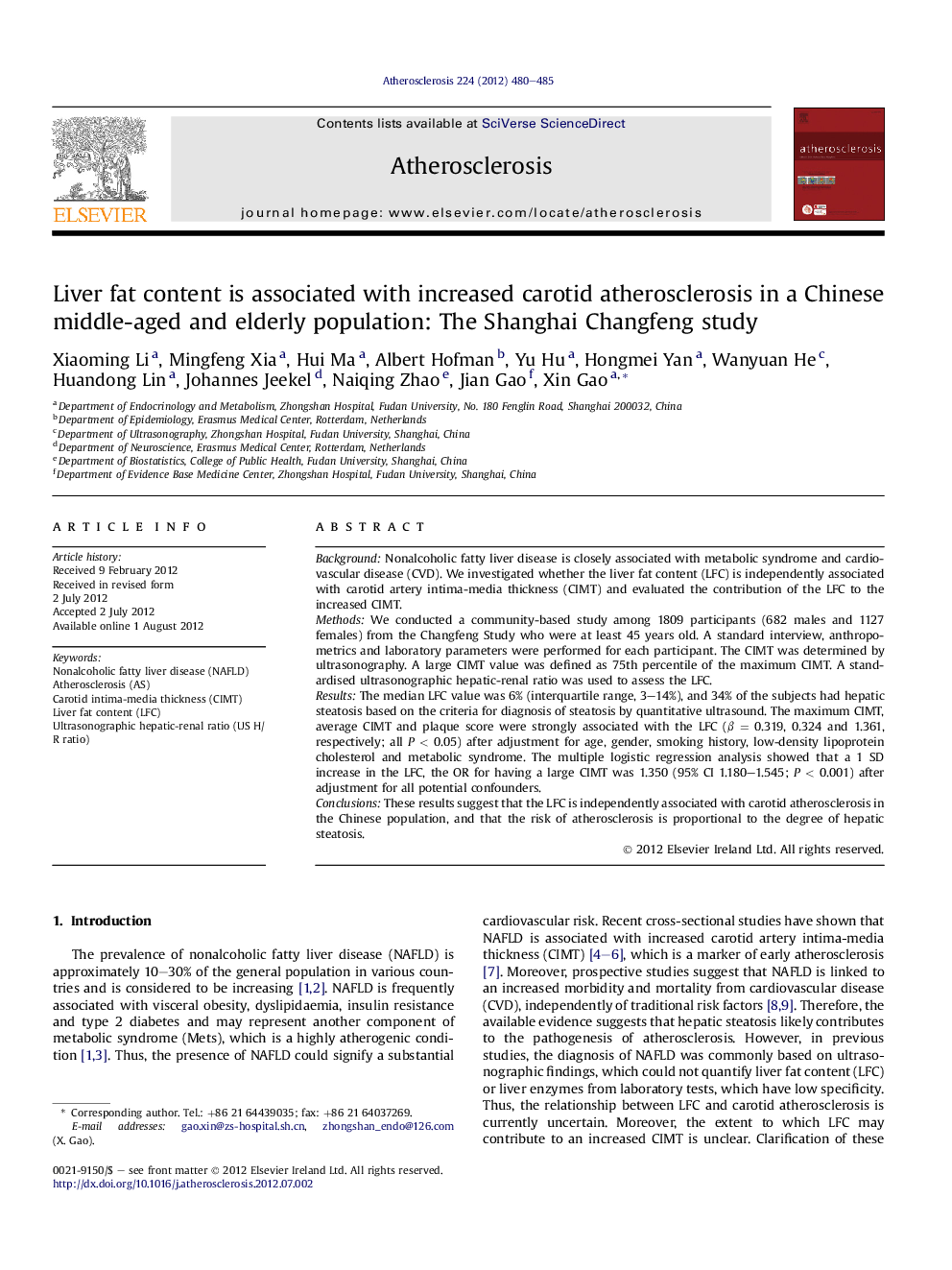 Liver fat content is associated with increased carotid atherosclerosis in a Chinese middle-aged and elderly population: The Shanghai Changfeng study