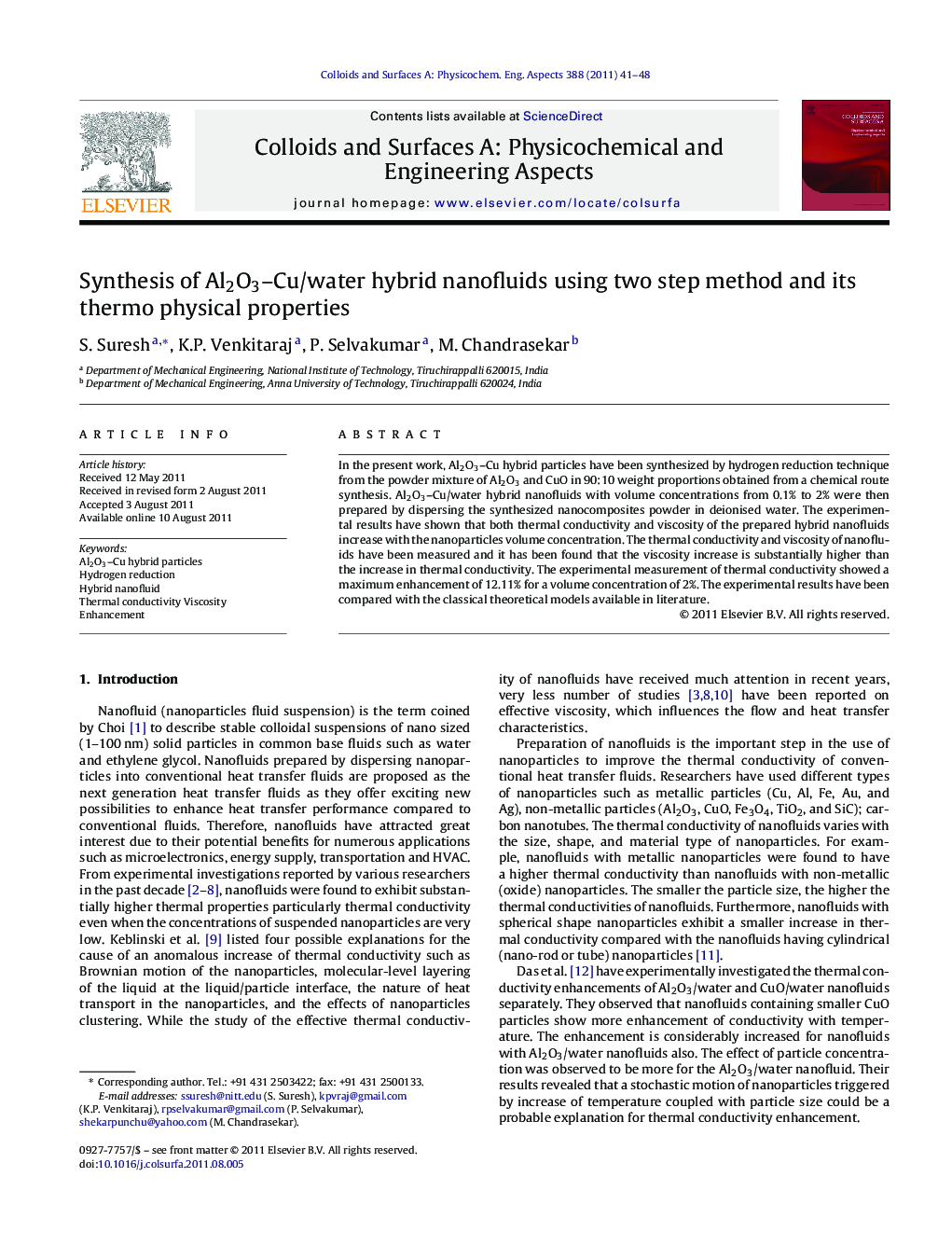 Synthesis of Al2O3–Cu/water hybrid nanofluids using two step method and its thermo physical properties