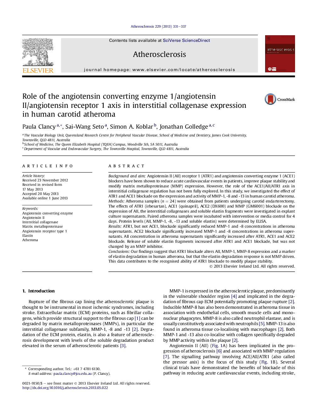 Role of the angiotensin converting enzyme 1/angiotensin II/angiotensin receptor 1 axis in interstitial collagenase expression inÂ human carotid atheroma