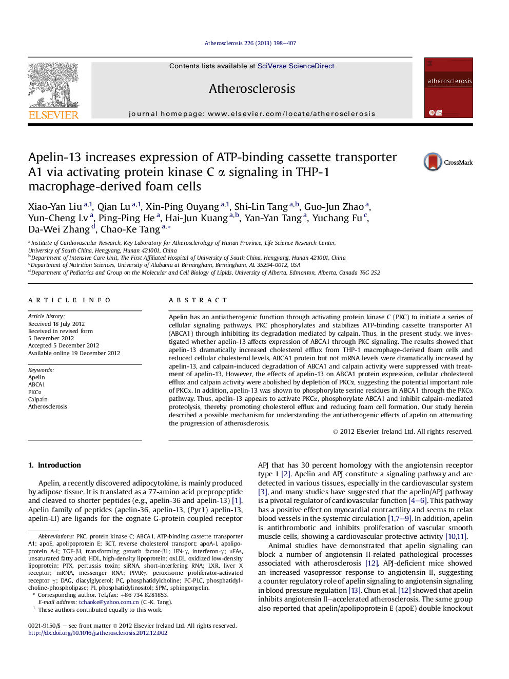 Apelin-13 increases expression of ATP-binding cassette transporter A1 via activating protein kinase C Î± signaling in THP-1 macrophage-derived foam cells