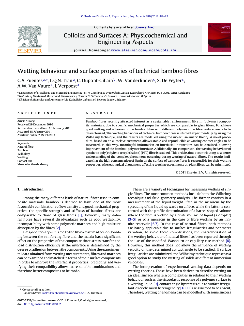 Wetting behaviour and surface properties of technical bamboo fibres