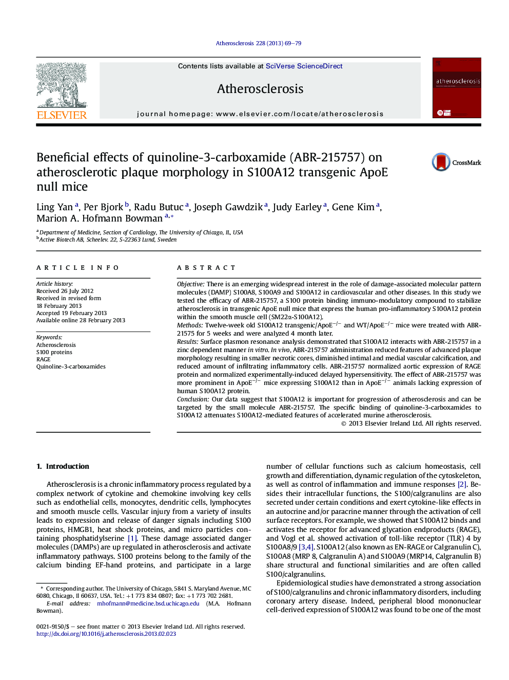 Beneficial effects of quinoline-3-carboxamide (ABR-215757) on atherosclerotic plaque morphology in S100A12 transgenic ApoE nullÂ mice