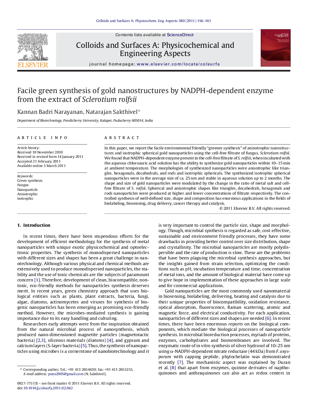 Facile green synthesis of gold nanostructures by NADPH-dependent enzyme from the extract of Sclerotium rolfsii