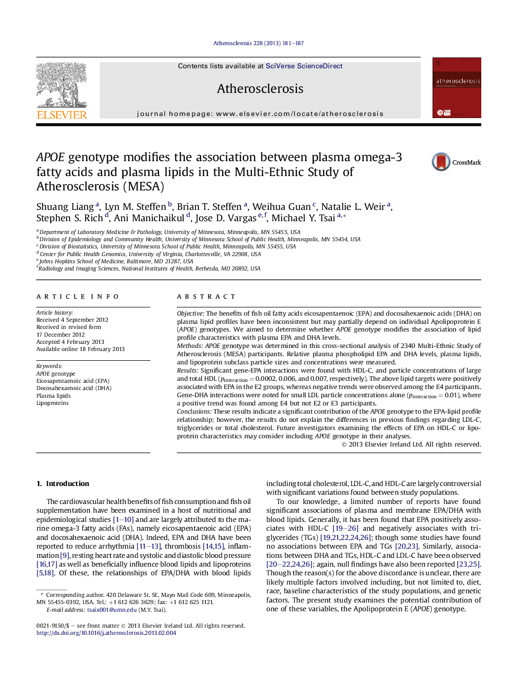 APOE genotype modifies the association between plasma omega-3 fatty acids and plasma lipids in the Multi-Ethnic Study of Atherosclerosis (MESA)