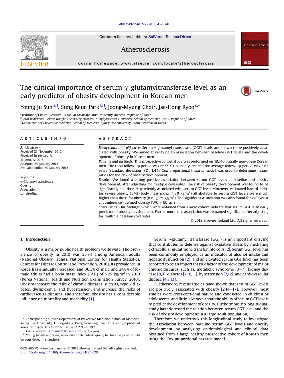 The clinical importance of serum Î³-glutamyltransferase level as an early predictor of obesity development in Korean men