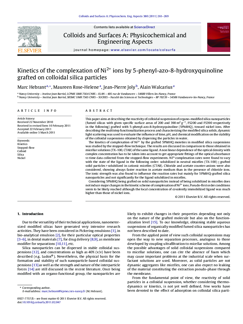 عکس صفحه اول مقاله: Kinetics of the complexation of Ni2+ ions by 5-phenyl-azo-8-hydroxyquinoline grafted on colloidal silica particles Kinetics of the complexation of Ni2+ ions by 5-phenyl-azo-8-hydroxyquinoline grafted on colloidal silica particles