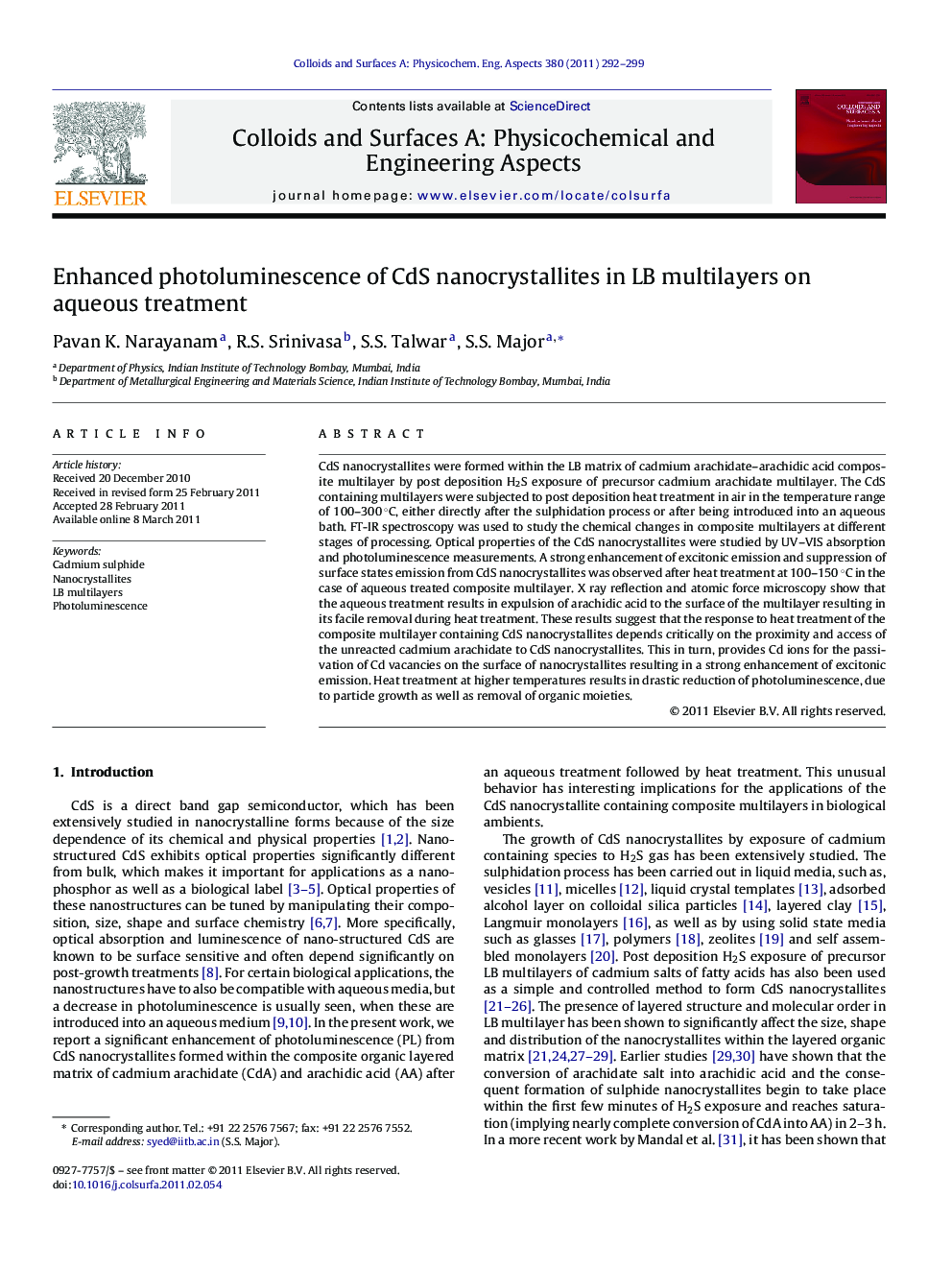 Enhanced photoluminescence of CdS nanocrystallites in LB multilayers on aqueous treatment