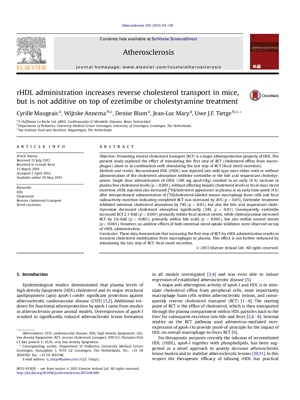 rHDL administration increases reverse cholesterol transport in mice, but is not additive on top of ezetimibe or cholestyramine treatment