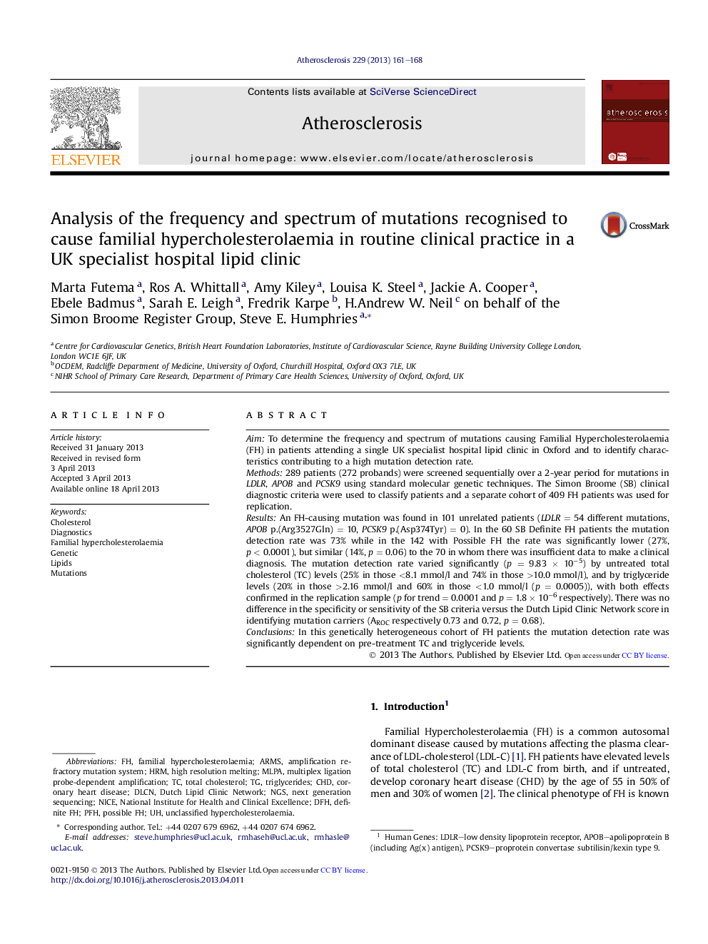 Analysis of the frequency and spectrum of mutations recognised to cause familial hypercholesterolaemia in routine clinical practice in a UK specialist hospital lipid clinic