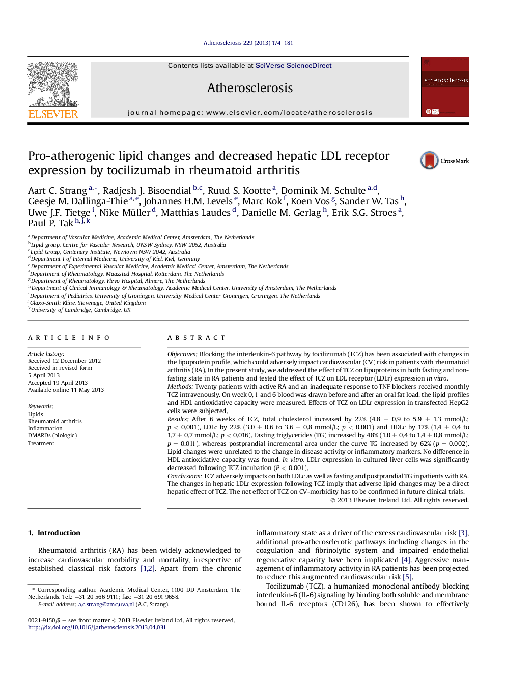 Pro-atherogenic lipid changes and decreased hepatic LDL receptor expression by tocilizumab in rheumatoid arthritis