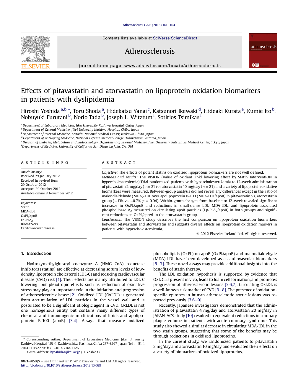 Effects of pitavastatin and atorvastatin on lipoprotein oxidation biomarkers in patients with dyslipidemia