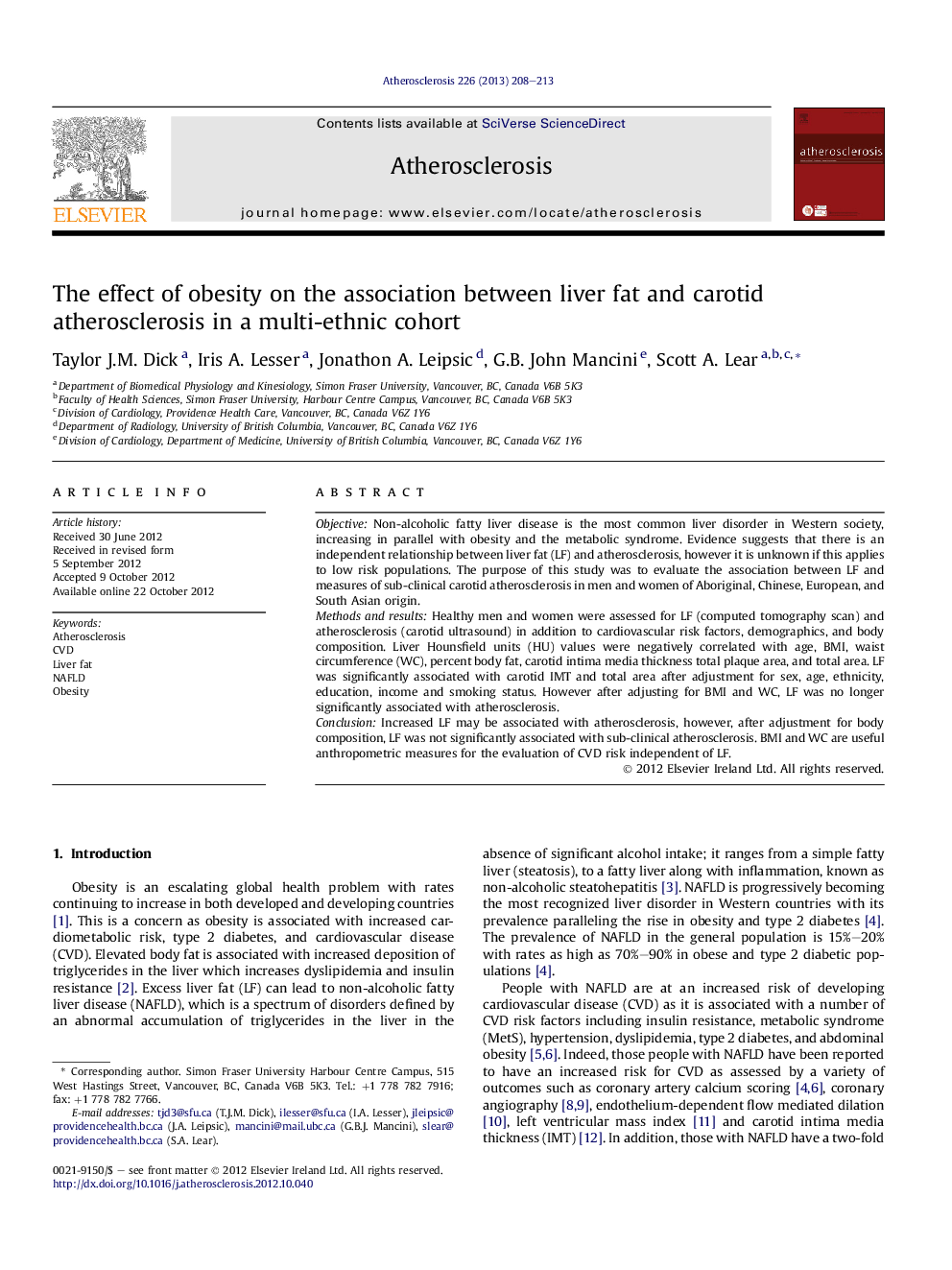 The effect of obesity on the association between liver fat and carotid atherosclerosis in a multi-ethnic cohort