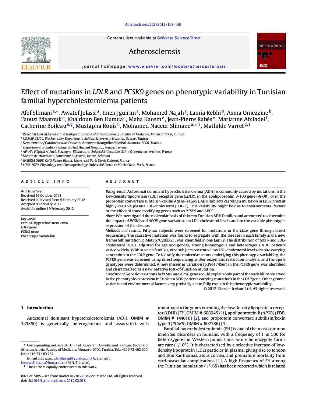 Effect of mutations in LDLR and PCSK9 genes on phenotypic variability in Tunisian familial hypercholesterolemia patients